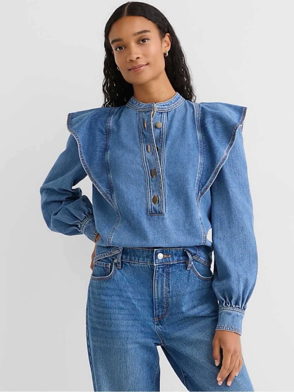Loft Denim Ruffle Yoke Button Down Too - Blue size small #1201 - Picture 2 of 7